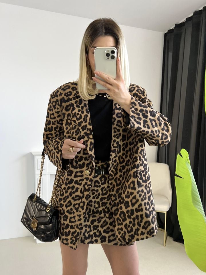 Leopar Desen Gold Düğme Detay Blazer Ceket