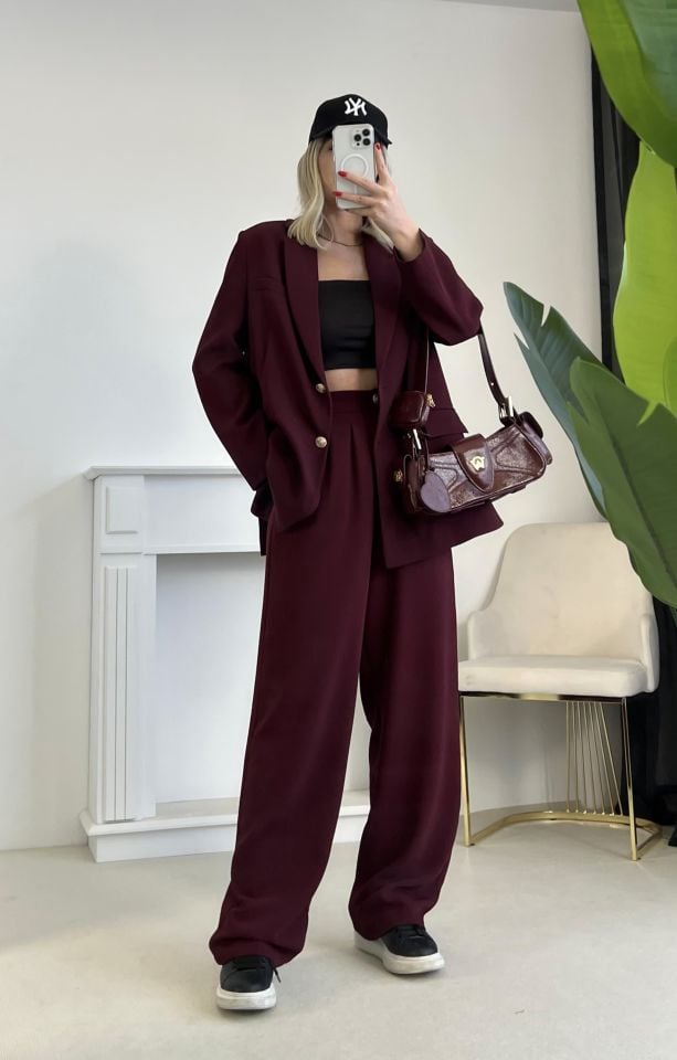 Bordo Gold Düğme Detay Blazer Ceket Pantolon Takım