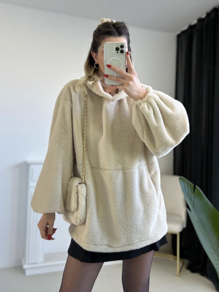 Taş Kapüşonlu Peluş Sweatshirt