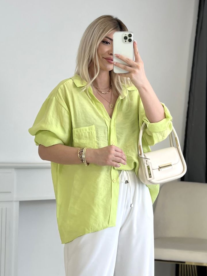 Neon Sarı Oversize Tensel Gömlek