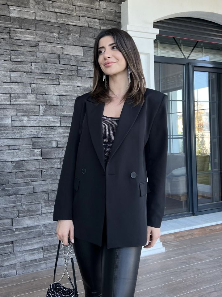 Siyah Kruvaze Blazer Ceket