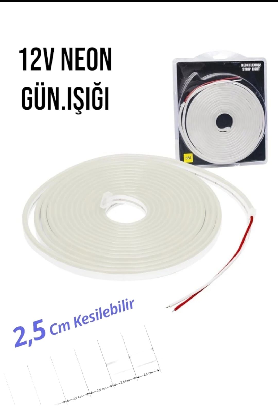 12 Volt Neon Şerit LED Günışığı 5 Metre Rulo