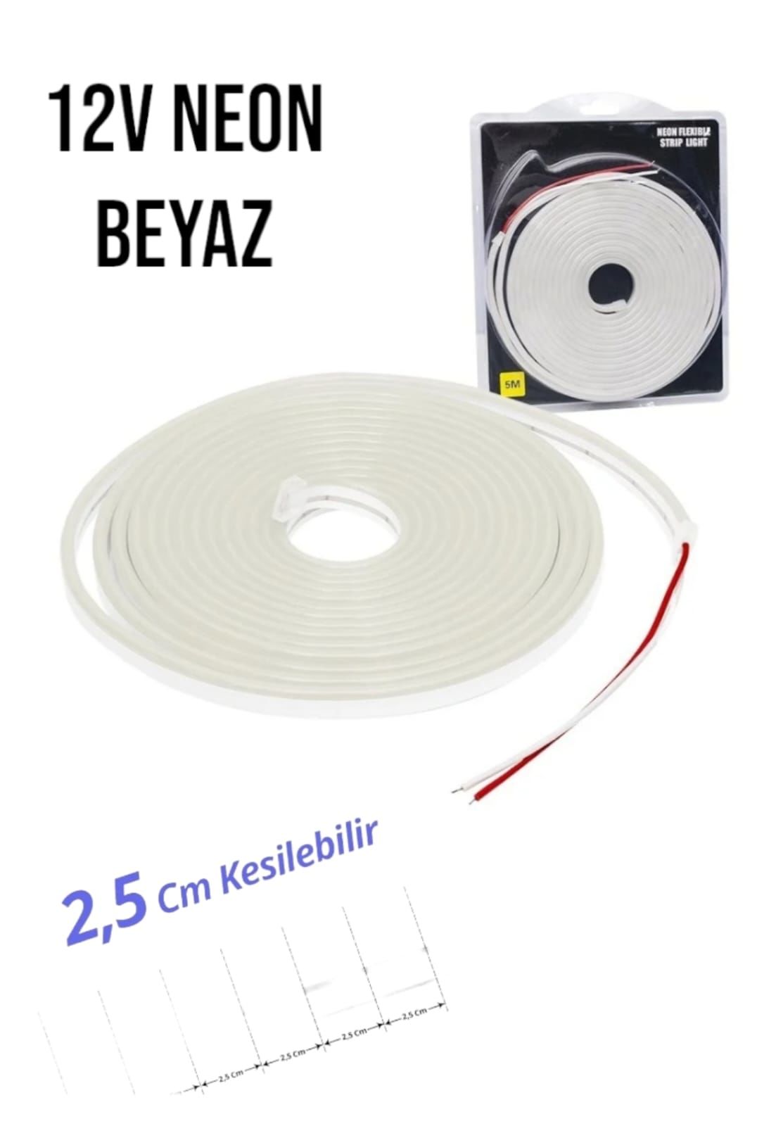 12 Volt Neon Şerit LED Beyaz 5 Metre Rulo