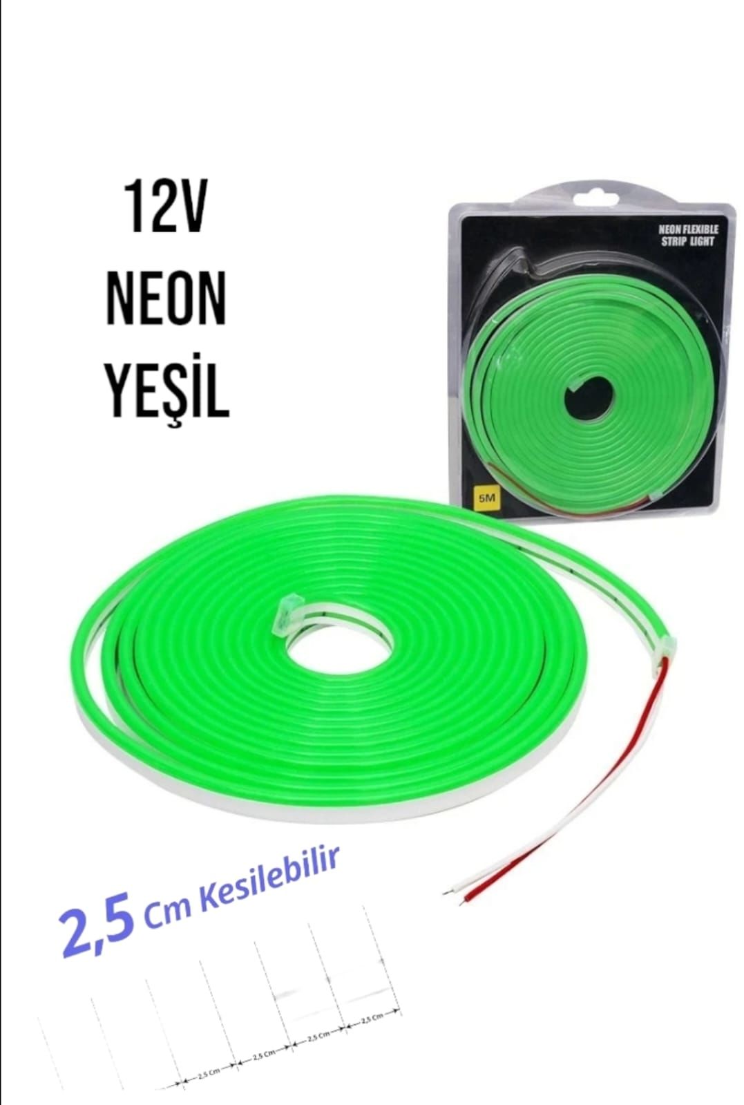 12 Volt Neon Şerit LED Yeşil 5 Metre Rulo