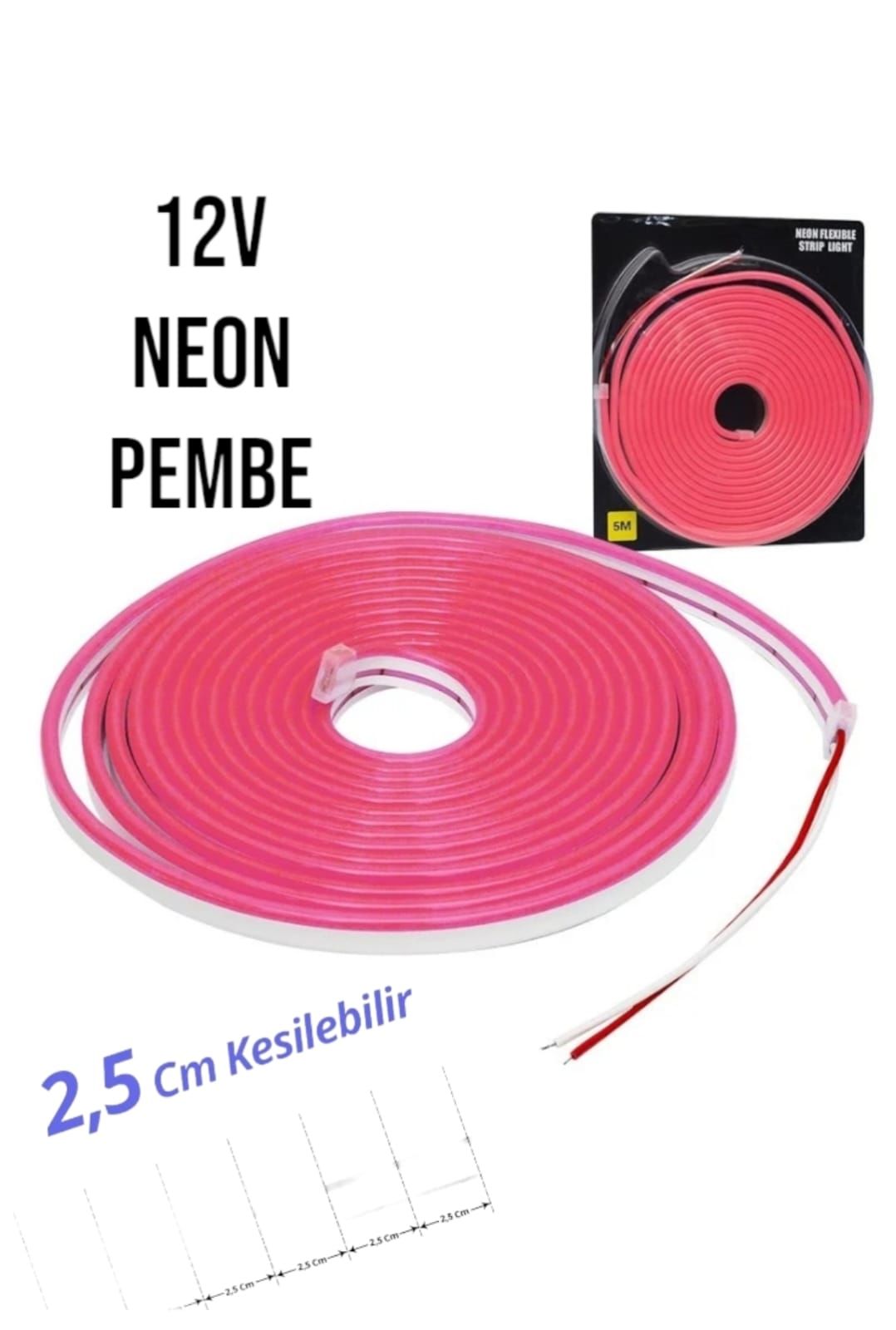 12 Volt Neon Şerit LED Pembe 5 Metre Rulo