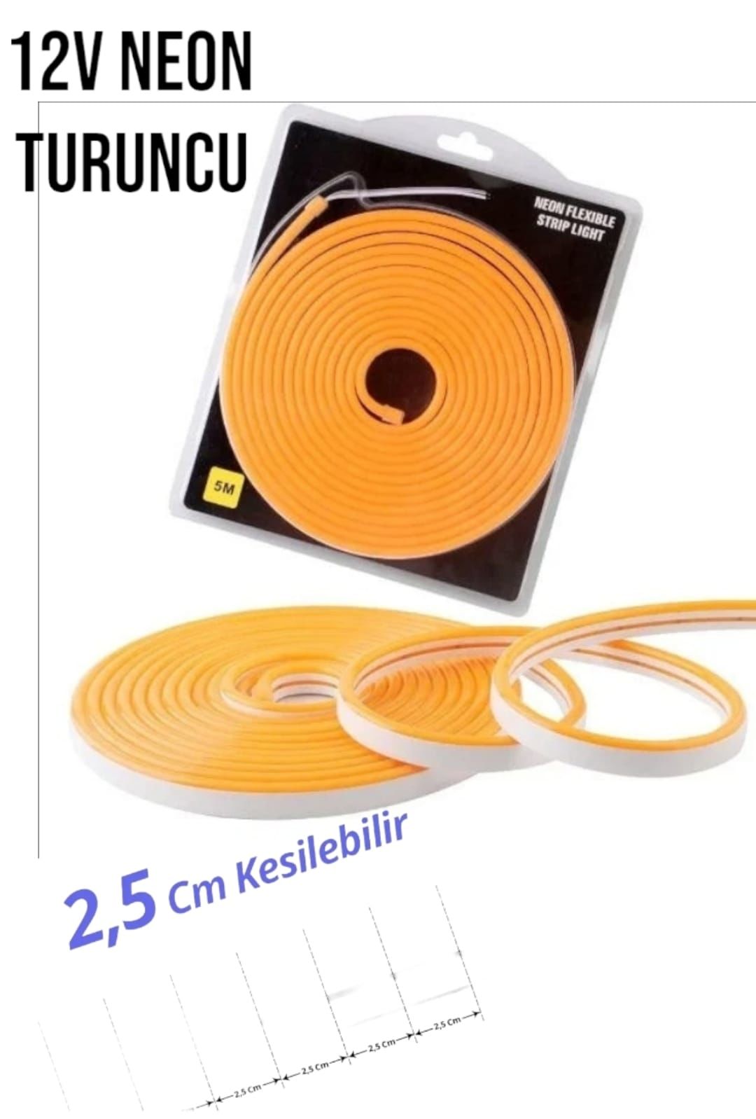 12 Volt Neon Şerit LED Turuncu 5 Metre Rulo