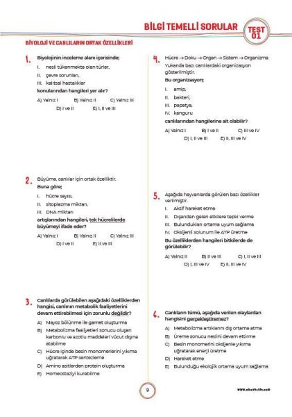 Sınav Yayınları 9. Sınıf Biyoloji Soru Bankası