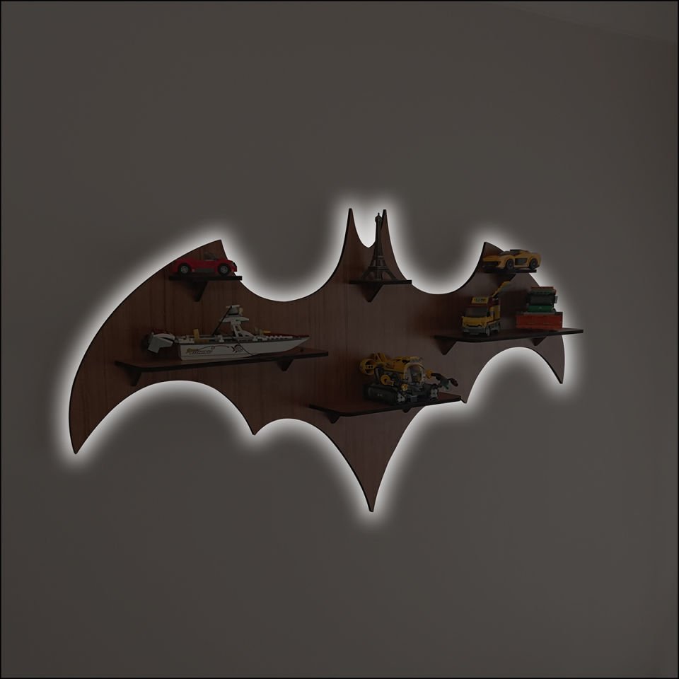 Arkadan Aydınlatmalı Batman Desenli Dekoratif Ahşap Raf Sistemi