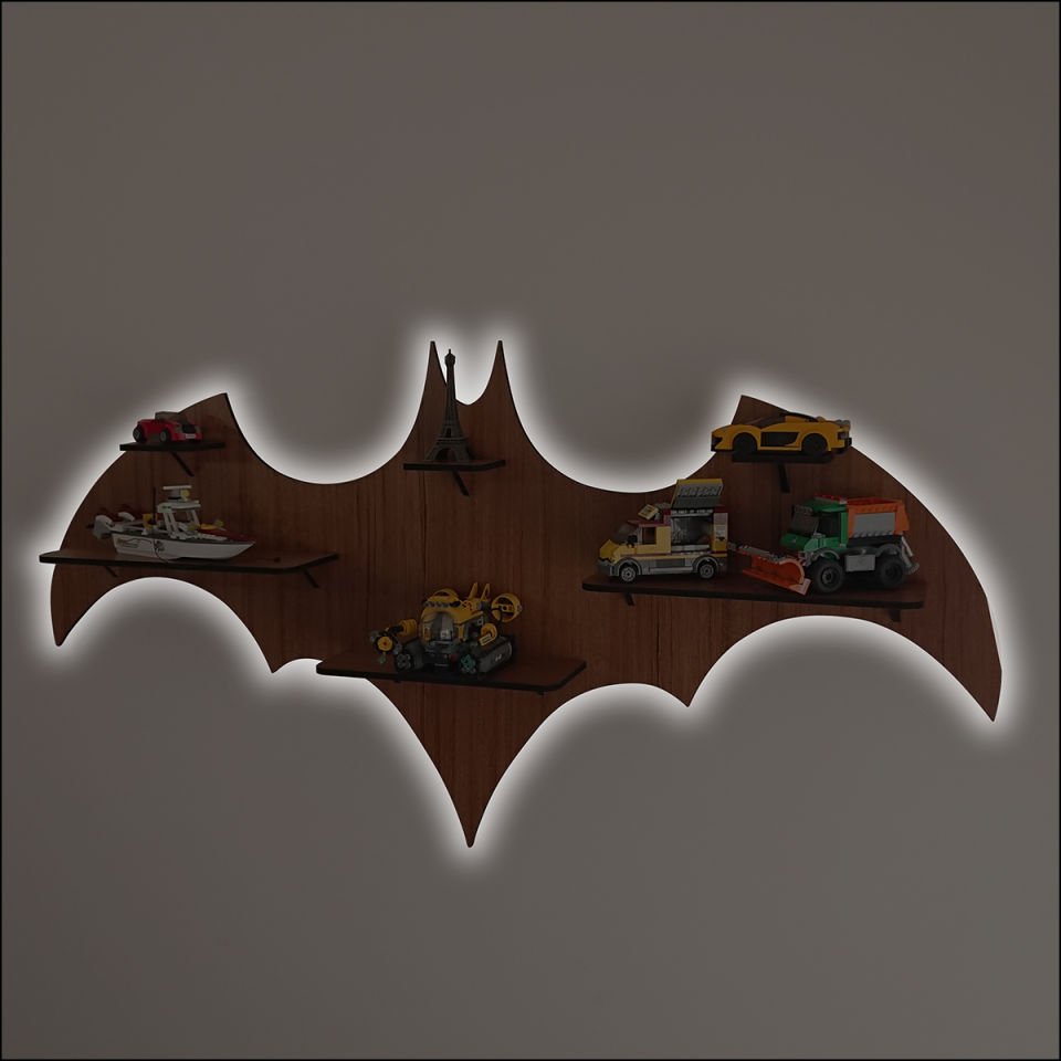 Arkadan Aydınlatmalı Batman Desenli Dekoratif Ahşap Raf Sistemi