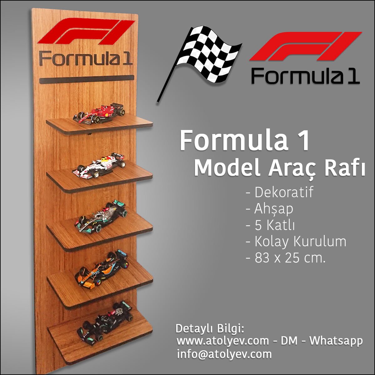 Formula 1 Araçları İçin Duvar Rafı - Dikey - 5 Raflı