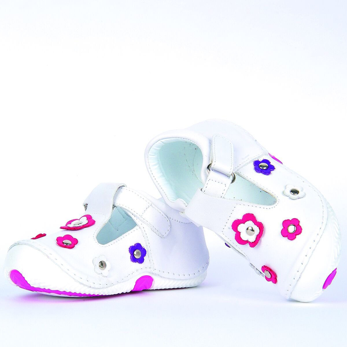Hakiki Deri Ortopedik İlk Adım Bebek Ayakkabısı 7 Çiçek Beyaz