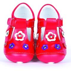 Hakiki Deri Ortopedik İlk Adım Bebek Ayakkabısı 7 Çiçek Kırmızı