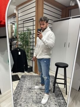 Beyaz Kapişonlu Oversize Basic Sweat XXL