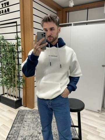 Beyaz Mavi Parçalı Oversize Hoodie S