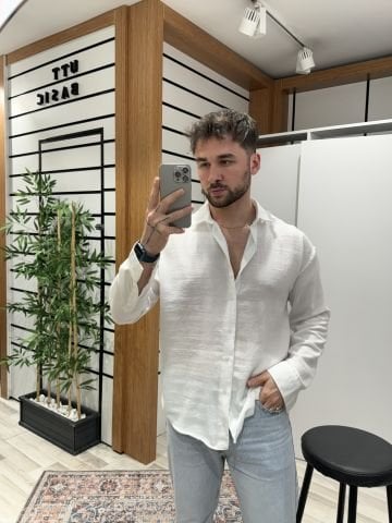 Beyaz Yarım Oversize Keten Gömlek XL