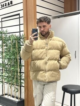 Taba Oversize Kadife Şişme Mont XXL