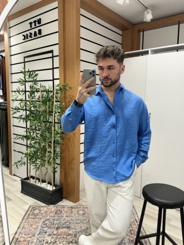 Saks Yarım Oversize Keten Gömlek L