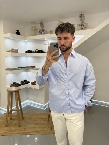 Açık Mavi Çizgili Stripe Oversize Gömlek L