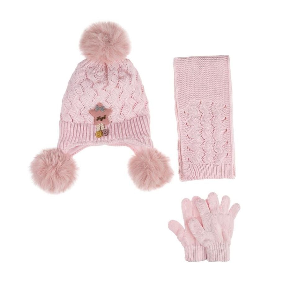 Kitti Bebe Kız Atkı Bere Eldiven Takım (1-4 Yaş) K24160-02 Açık Pembe