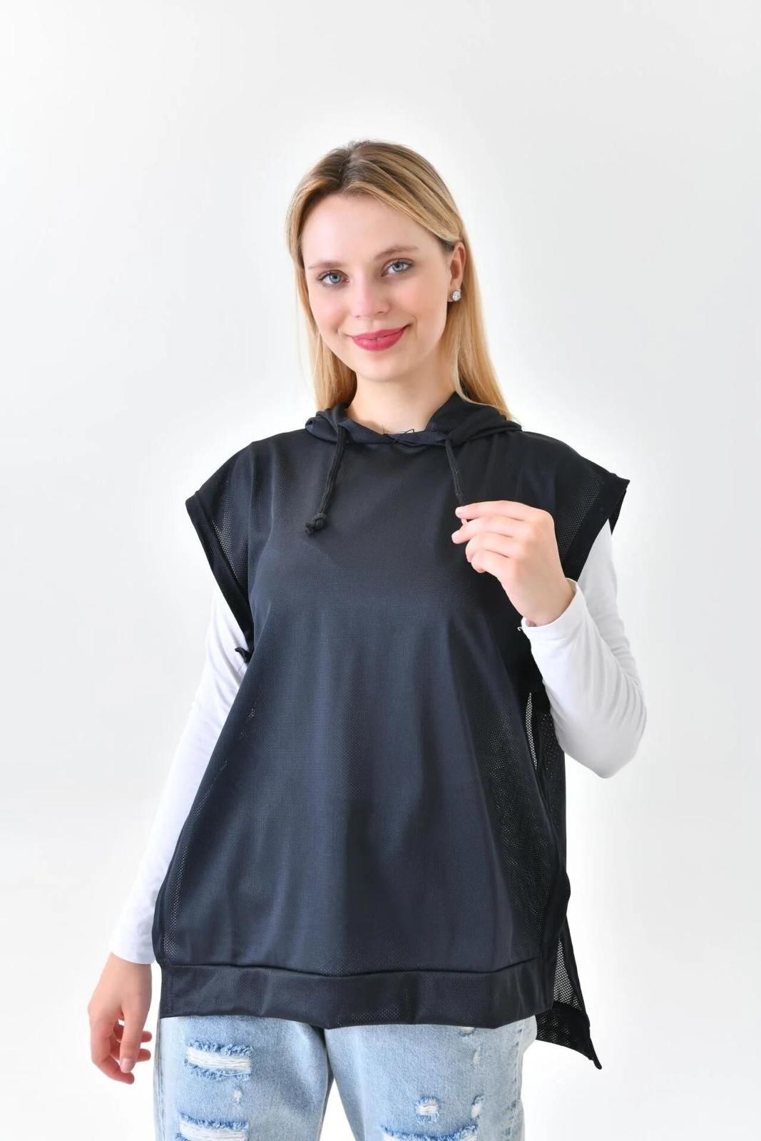 Hooded Belted Fishnet Sweatshirt - Black