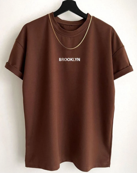 Kadın Kahverengi Brooklyn Baskılı Oversize Bisiklet Yaka T-shirt