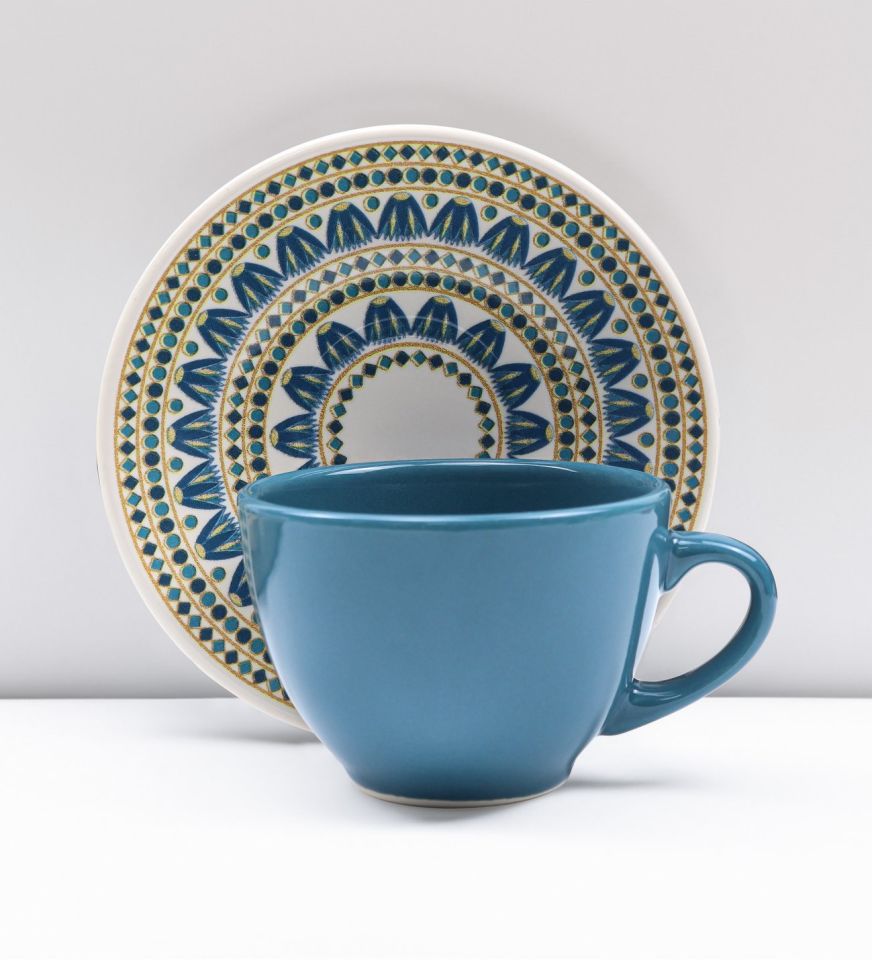 Lacivert Çay ve Kahve Fincanı & Teashop 2'li Bitki Çayı & Canlı Sukulent Çiçek & Teashop 2'li Bitki Çayı Hediye Seti