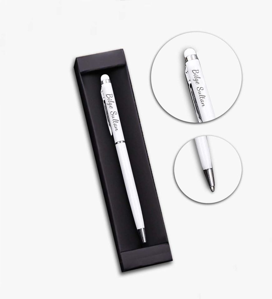 2'li Defter & Kişiye Özel Beyaz Touch Pen & Yapışkanlı Notluk & Desenli Şeffaf Kalemlik & Makaron Fosforlu Kalem Hediye Seti