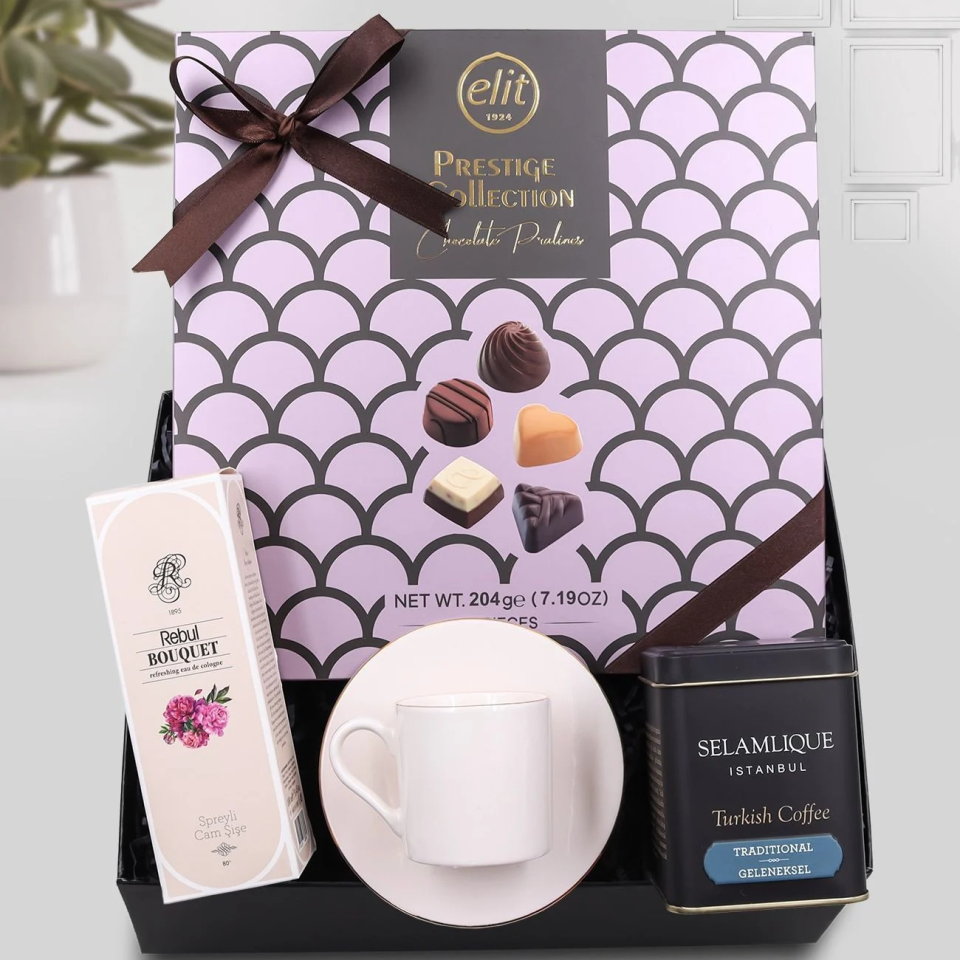 Elit Premium 204gr Çikolata & Selamlıque Türk Kahvesi & Gold Detaylı Beyaz Fincan & Rebul Bouquet Kolonya Bayram Hediye Seti