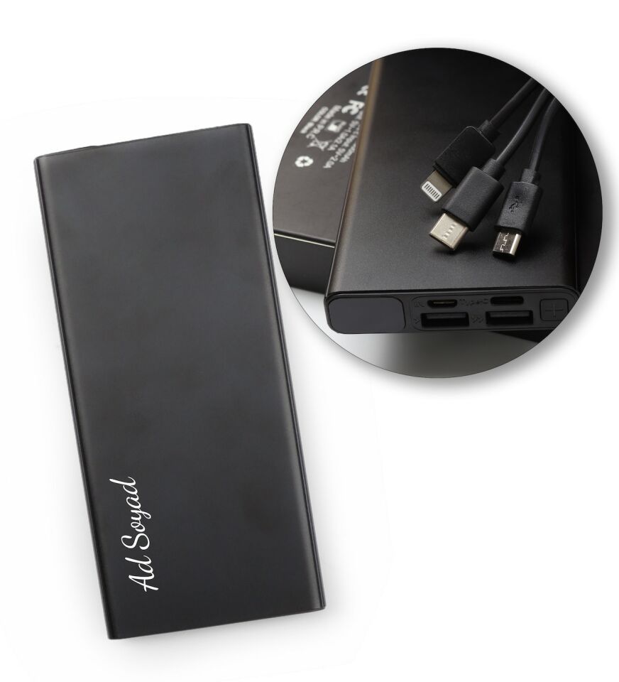 Kişiye Özel Siyah Renk 10.000 Mah Powerbank & 32 GB Usb Siyah Touch Kalem & Siyah Kartlık & Eyüp Sabri Tuncer Mini Kolonya Hediye Seti