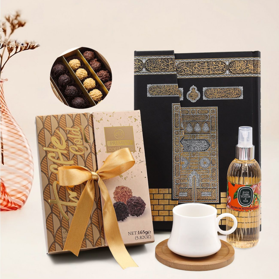 Elit 165gr Truffle Çikolata & Kuran-ı Kerim & Eyüp Sabri Tuncer 150 ml Sprey Kolonya & Bambu Tabaklı Beyaz Porselen Fincan Hediye Seti