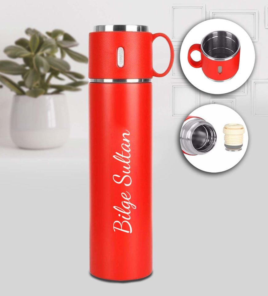 Kişiye Özel 580 ML Bardaklı Kırmızı Çelik Termos & Siyah Defter & Kırmızı Roller Kalem & Siyah French Press & Siyah Yıldız Kupa Hediye Seti