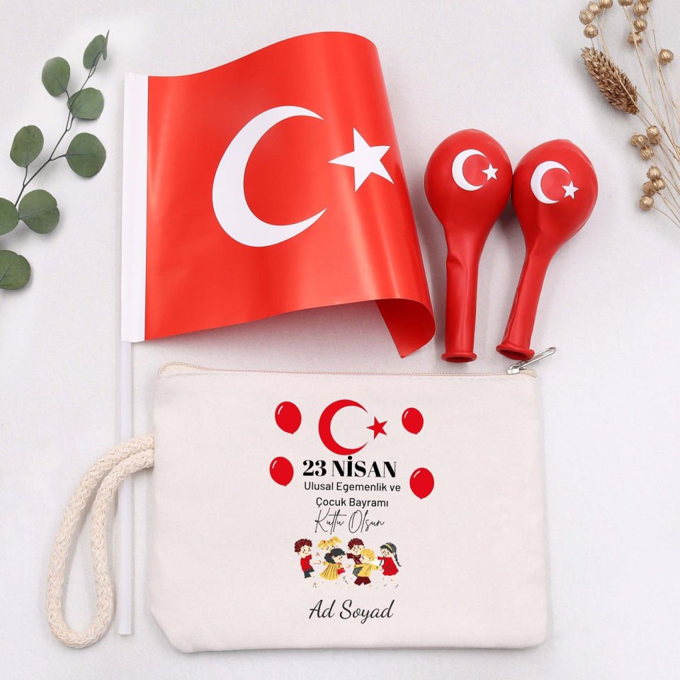 23 Nisan'a Özel Türk Bayrağı & Kişiye Özel Ham Bez El Çantası & 2'li Balon Hediye Seti