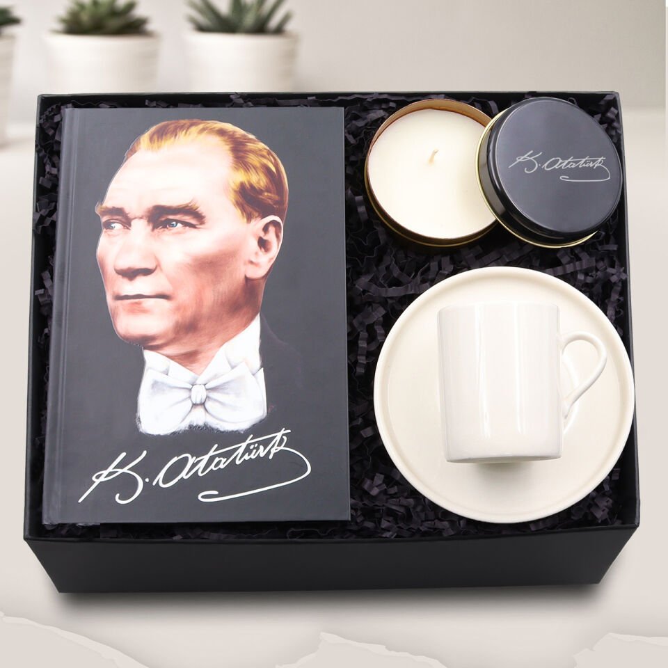 Mustafa Kemal Atatürk Resimli Defter & Atatürk İmzalı Siyah Metal Kutulu Mum & Beyaz Fincan Hediye Seti