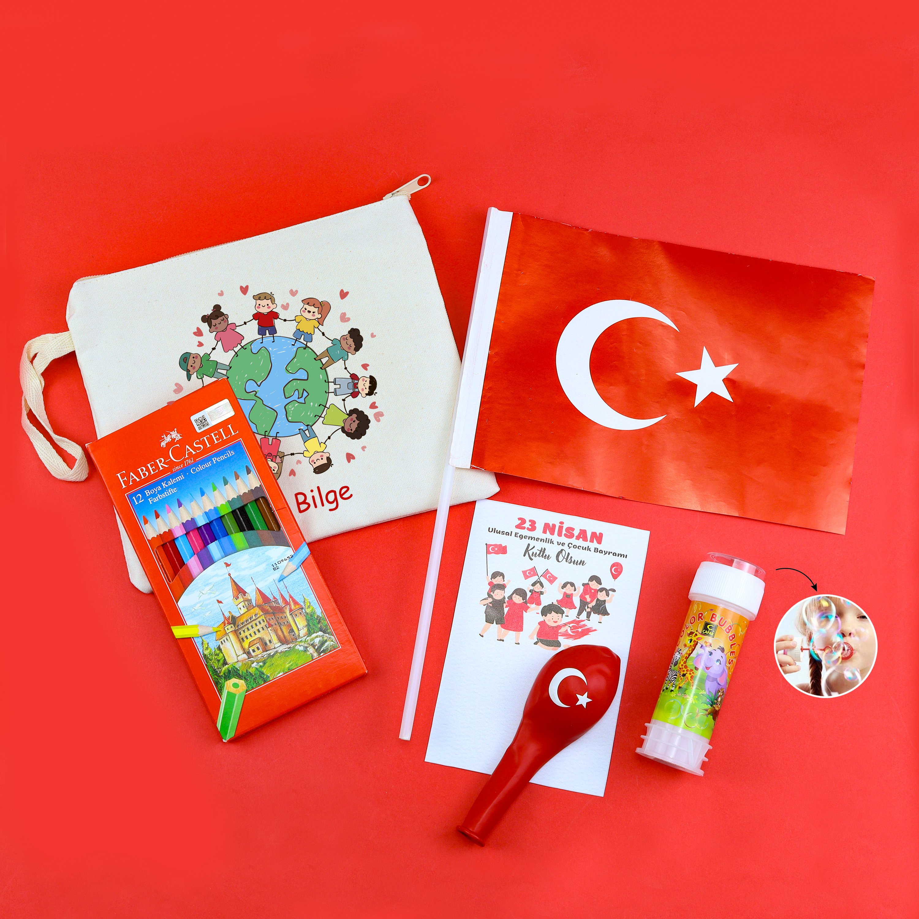 Türk Bayrağı & Balon & Ham Bez El Çantası & Faber-Castell 12'li Boya Kalemi & Köpük Baloncuk Hediye Seti