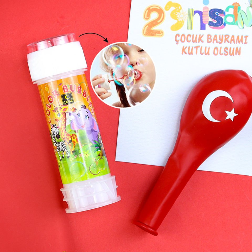 Türk Bayrağı & Balon & Ham Bez El Çantası & Faber-Castell 12'li Boya Kalemi & Köpük Baloncuk Hediye Seti