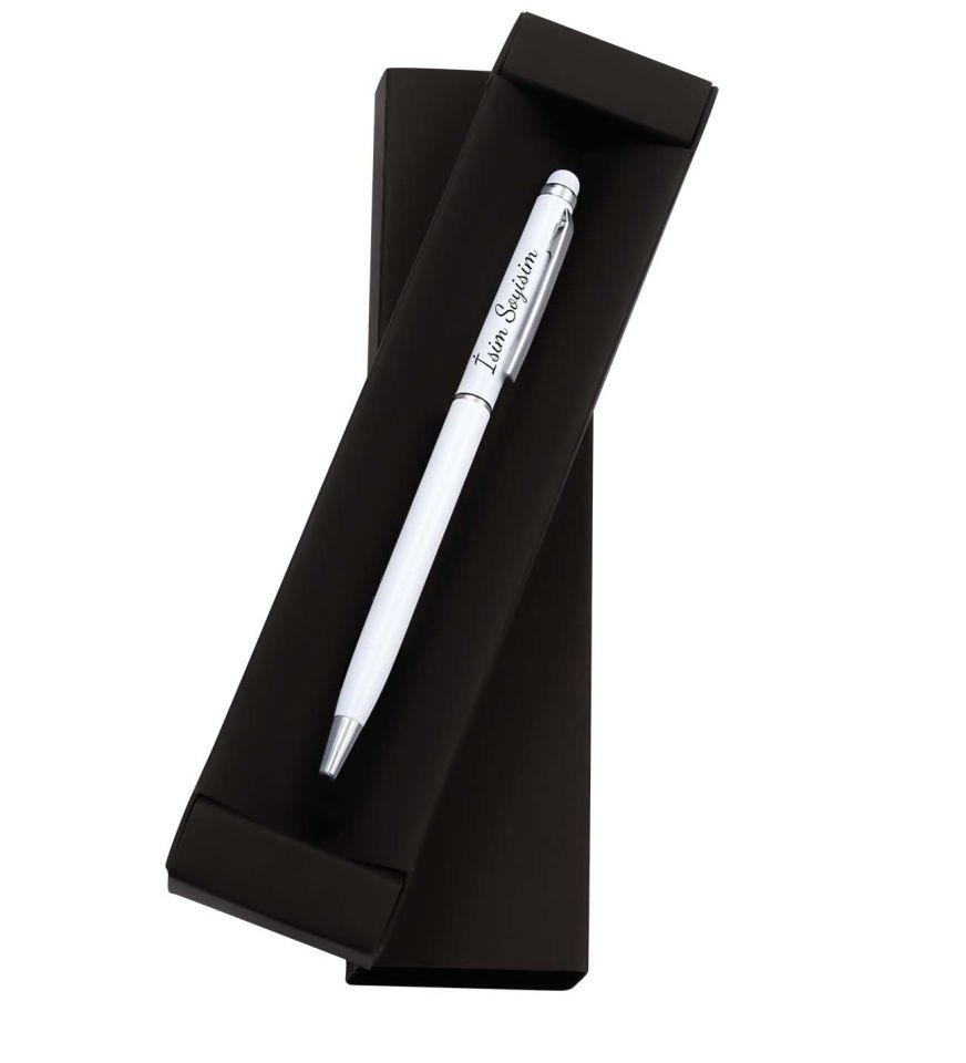 Kişiye Özel Beyaz Mini Not Defteri & Beyaz Çiçekli Fular & Beyaz Touch Pen & Patiswiss Beyaz Çikolatalı Çilek Draje Hediye Seti