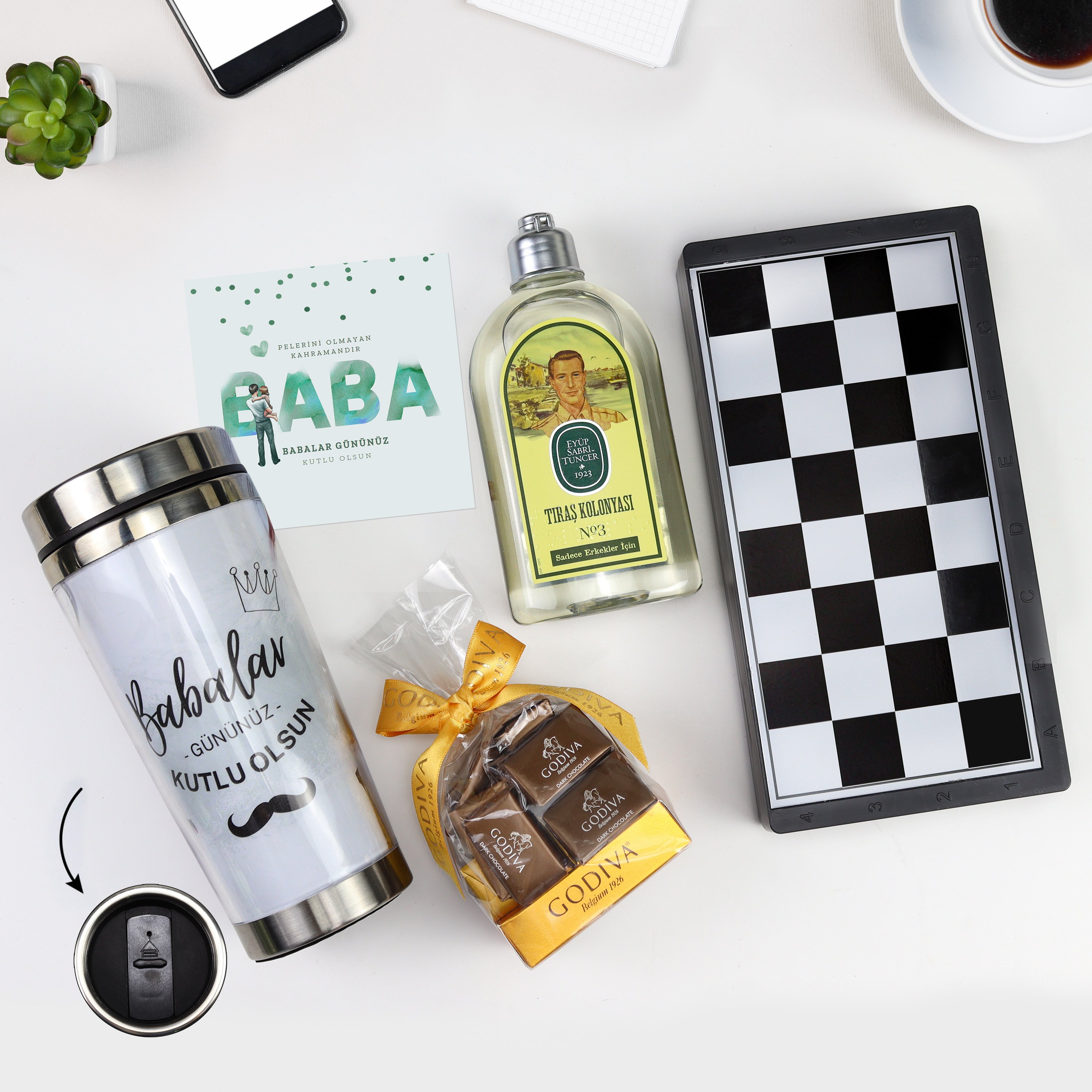 Babalar Gününe Özel 450 ML Tasarımlı Çelik Termos & Godiva Napoliten Çikolata & Eyüp Sabri Tuncer Tıraş Kolonyası & Manyetik Tavla ve Satranç Takımı Hediye Seti