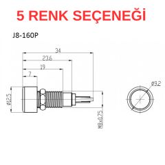 J8-160P 8mm Çıkık Kafa Metal Sinyal Lambası (220VAC) (IP67)