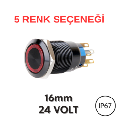 J16-372-AK 16mm LED Düz Kafa Siyah Gövde Metal Kalıcı Butonlar (24V) (IP67)