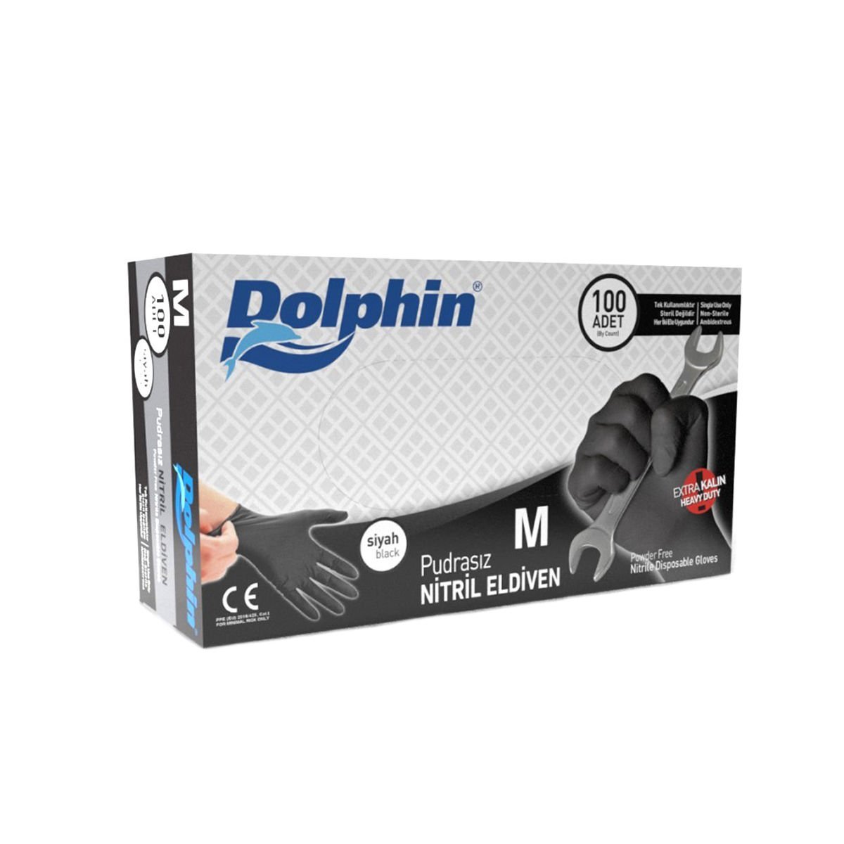 Dolphin Pudrasız Extra Kalın Siyah Nitril Eldiven, M (100 Adet)