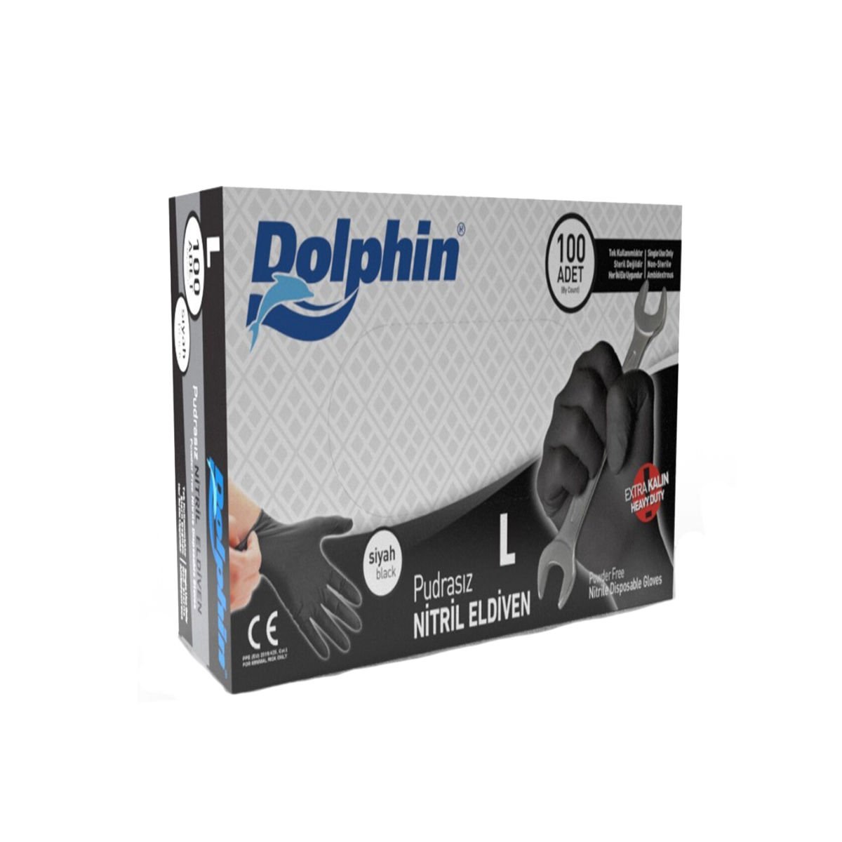 Dolphin Pudrasız Extra Kalın Siyah Nitril Eldiven, L (100 Adet)