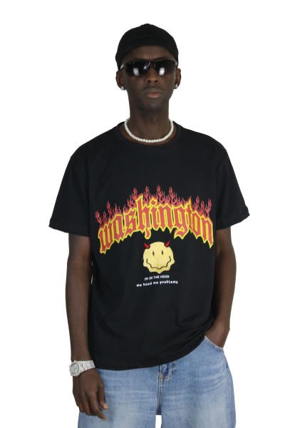 Washington Flame Baskılı Oversized T-shirt Siyah