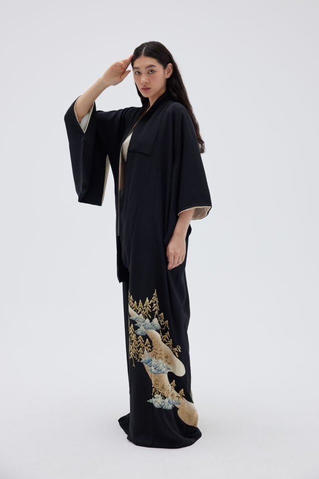 ASHOKA vintage ipek kuro-tomesode kimono