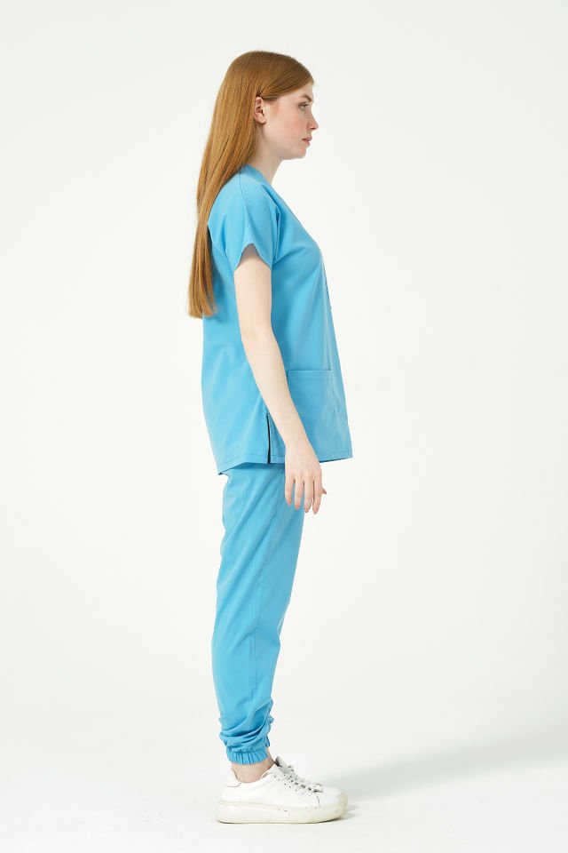 Bebe Mavi Likralı Scrubs Jogger Paça Doktor Hemşire Forması Yarasa Kol Takım Unisex