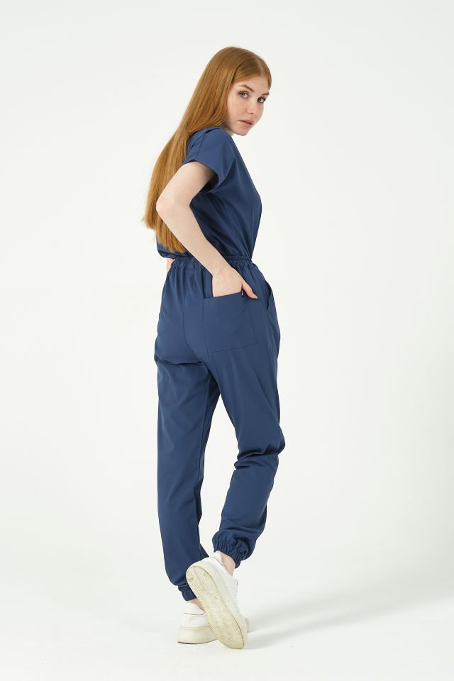 Fırtına Mavi Likralı Scrubs Jogger Paça Doktor Hemşire Forması Yarasa Kol Takım Unisex