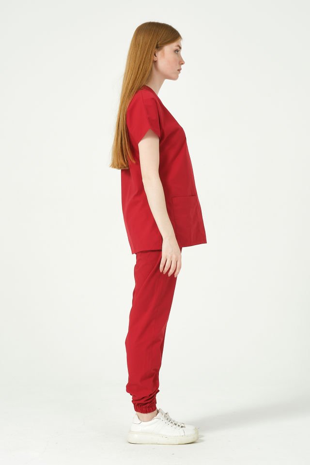 Kırmızı Likralı Scrubs Jogger Paça Doktor Hemşire Forması Yarasa Kol Takım Unisex