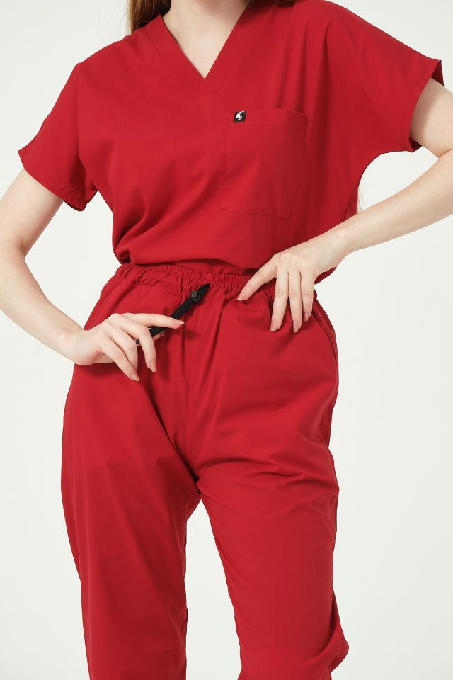 Kırmızı Likralı Scrubs Jogger Paça Doktor Hemşire Forması Yarasa Kol Takım Unisex
