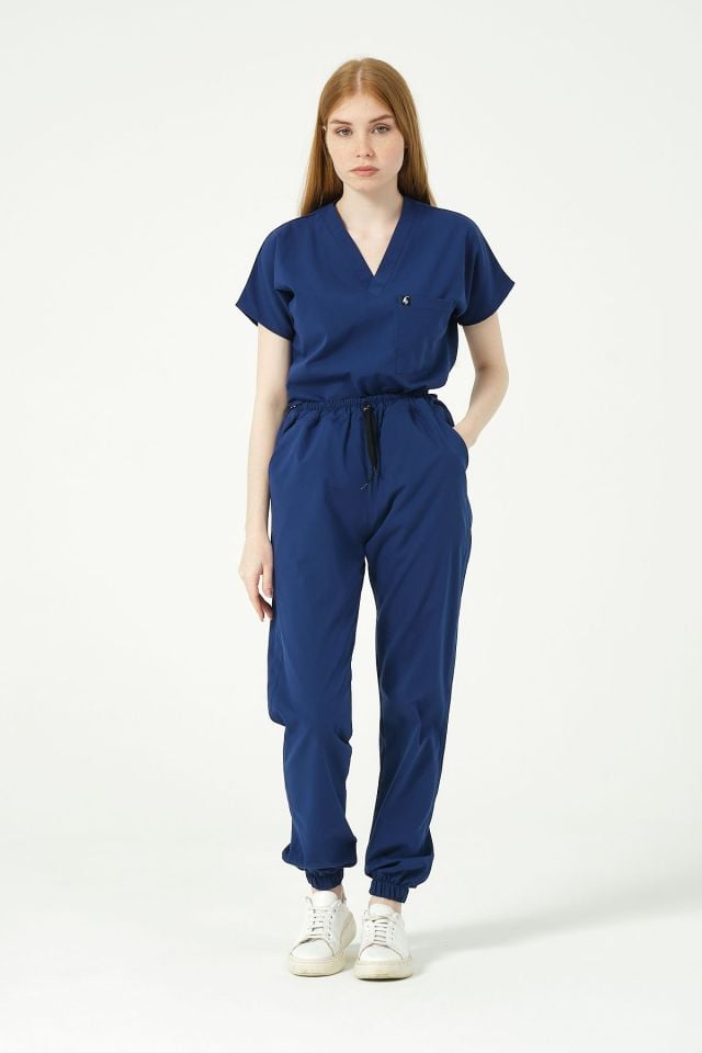 Saks Mavi Likralı Scrubs Jogger Paça Doktor Hemşire Forması Yarasa Kol Takım Unisex