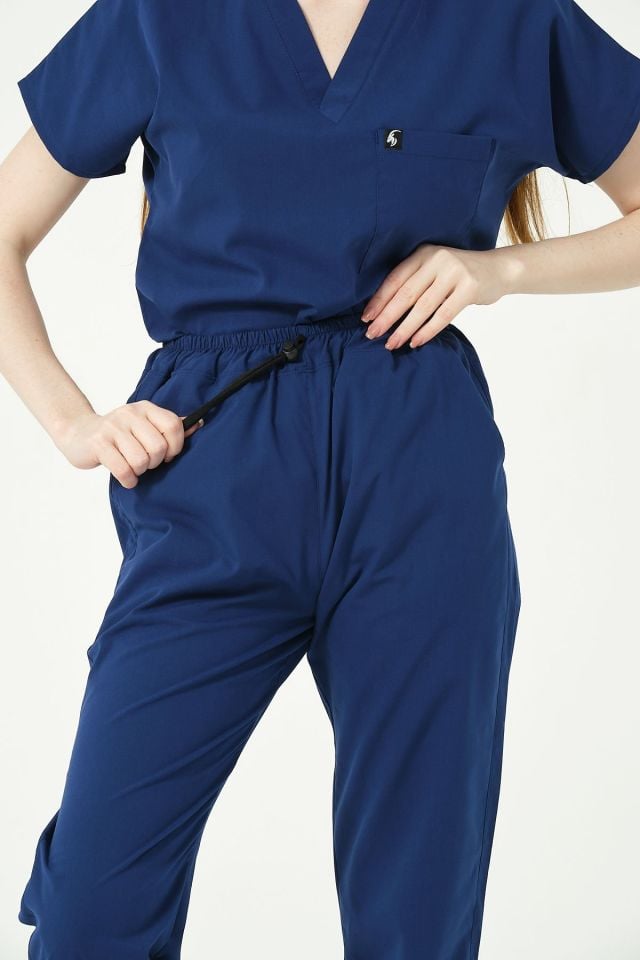 Saks Mavi Likralı Scrubs Jogger Paça Doktor Hemşire Forması Yarasa Kol Takım Unisex