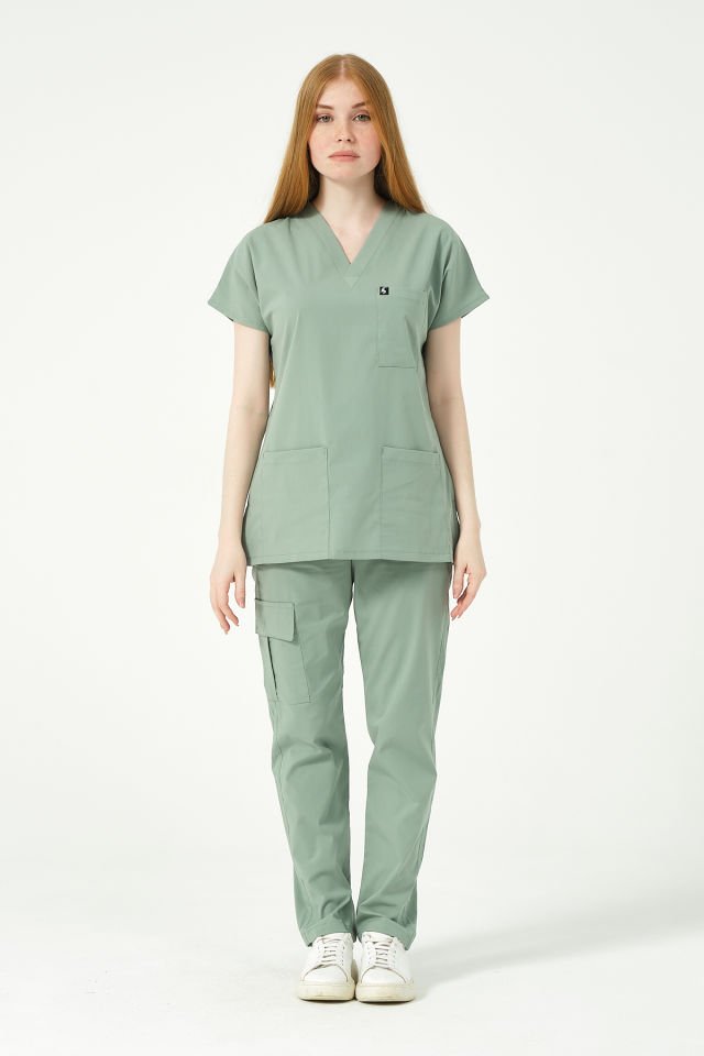 Çağla Yeşili Likralı Scrubs Kargo Cep Doktor Hemşire Forması Yarasa Kol Takım Unisex